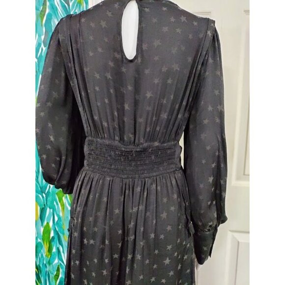 Max Studio Vintage Whimsy Goth Star Pattern Puff Sleeves Pleated Midi Dress M - Picture 8 of 16